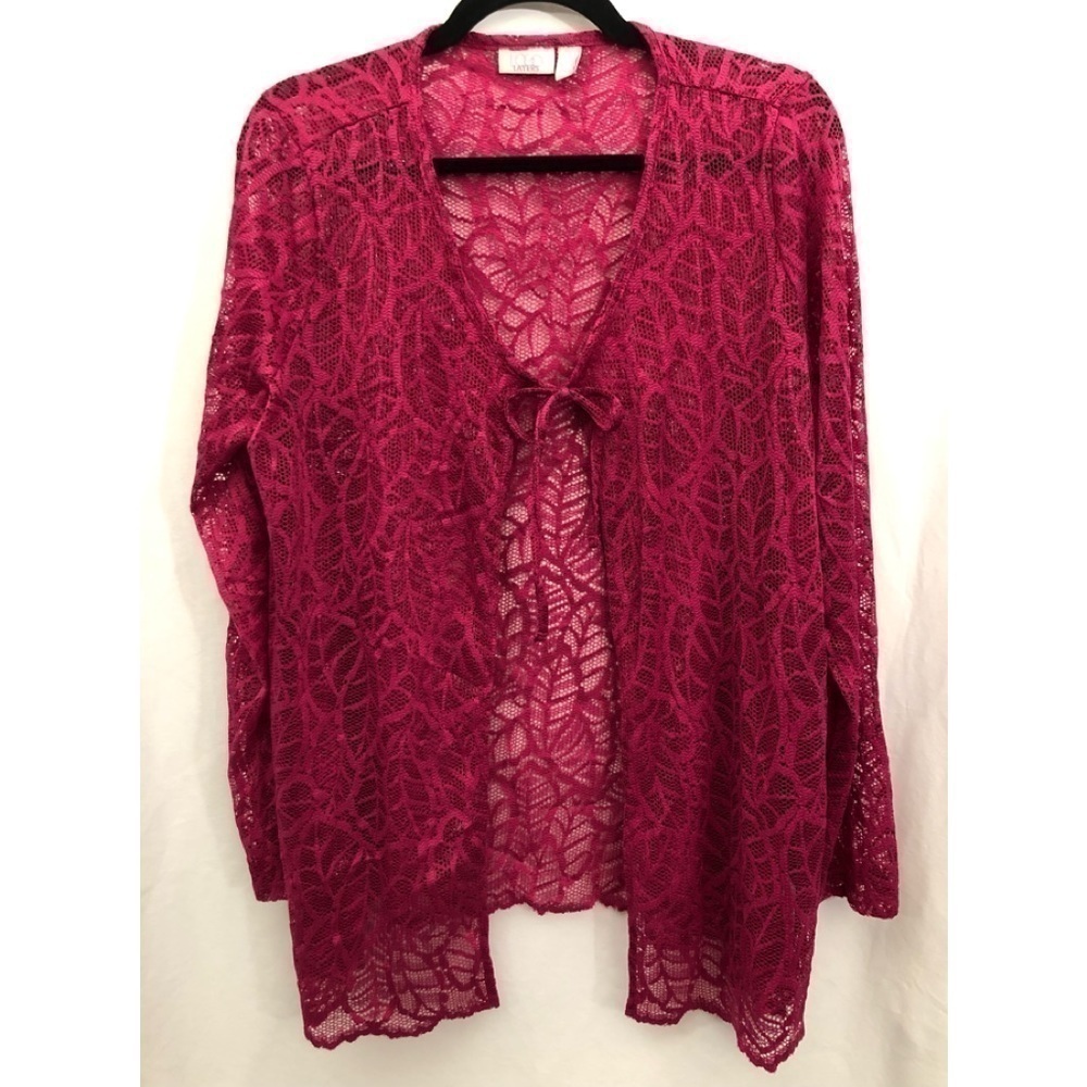 LOGO Layers Lori Goldstein Cranberry Pink Stretch Lace Cardigan Size Medium